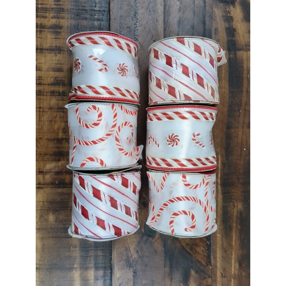 Lot Of 6 Rolls Of Candy Cane Ribbon, Wired, Un-Wired, white,‎ red